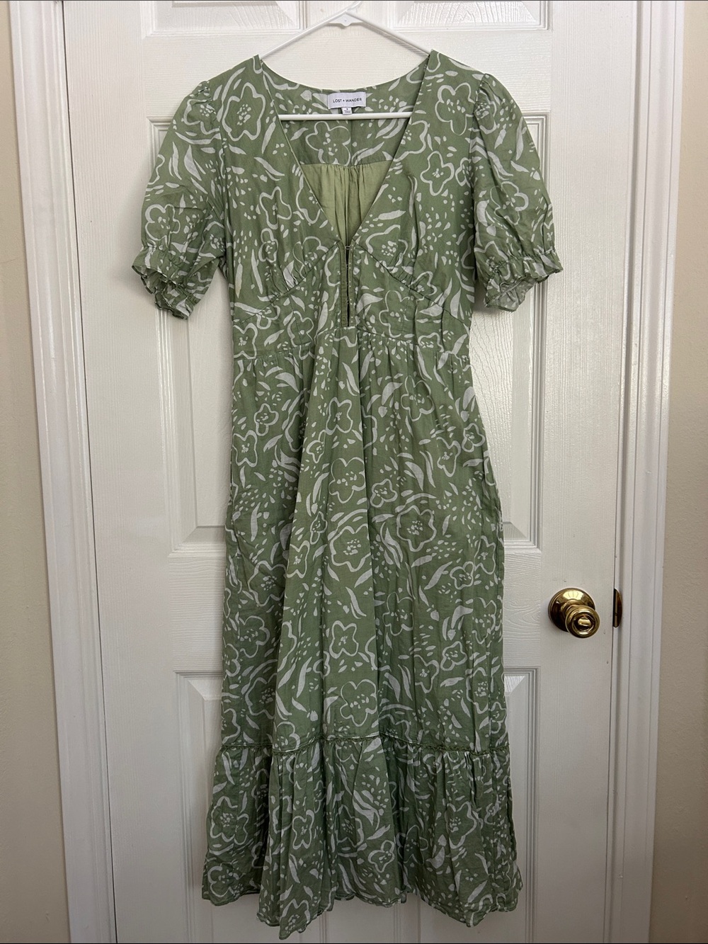 Lost + Wander Sage Green Floral Maxi Dress with Puff Sleeves